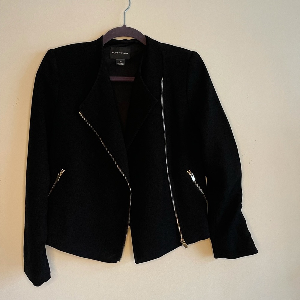 Black crepe Club Monaco jacket with gold zippers